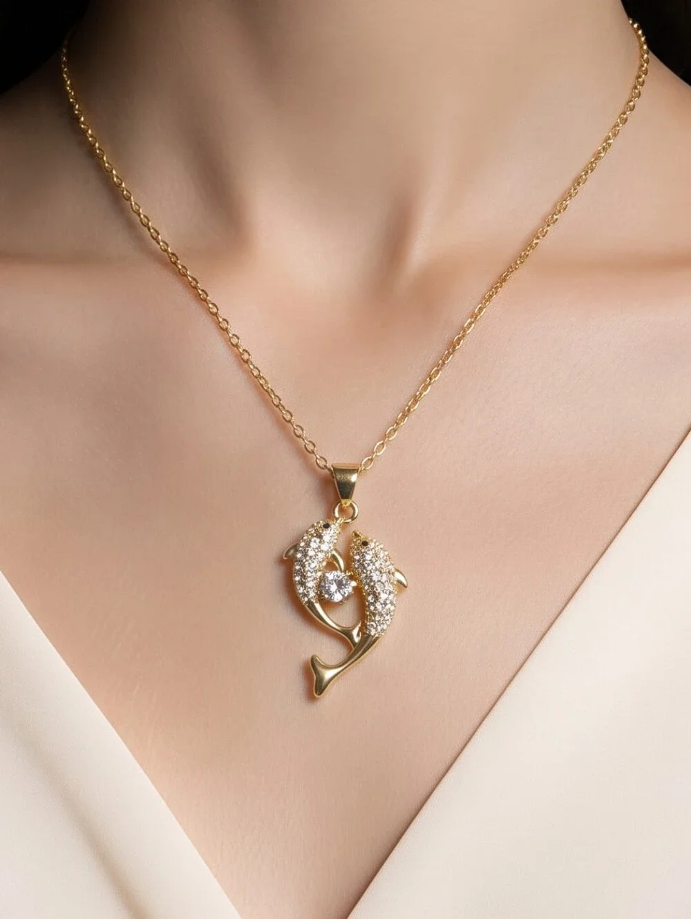 Shiny Pave CZ Dolphin Pendant Necklace 18K Gold Plated Stainless Steel Giftable